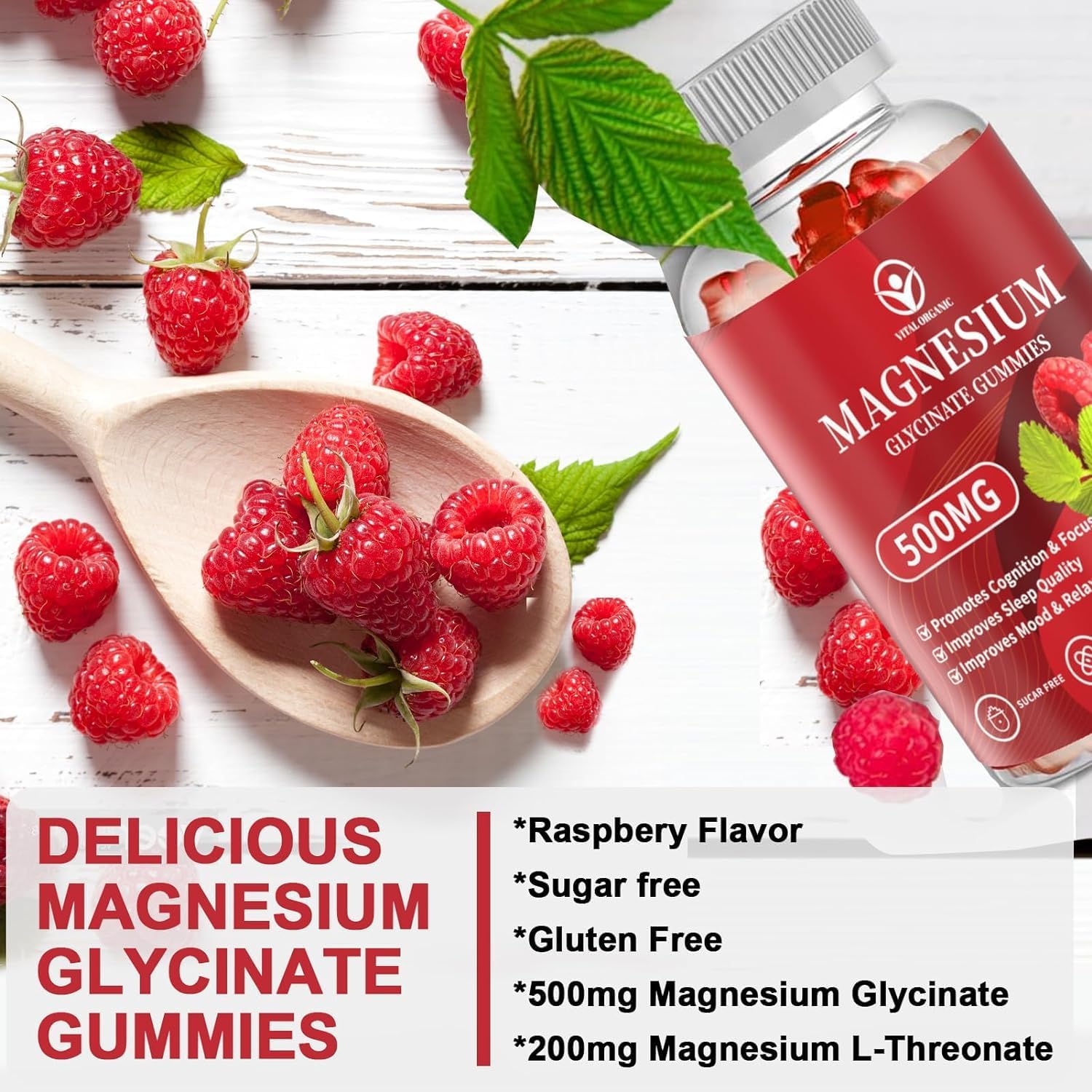VitalOrganic Magnesium Glycinate Gummies 500mg - Sugar Free Chelated Magnesium Potassium Supplement with Vitamin D, B6, CoQ10 for Relaxation, Calm Mood & Sleep Support - 60 Raspberry Gummies