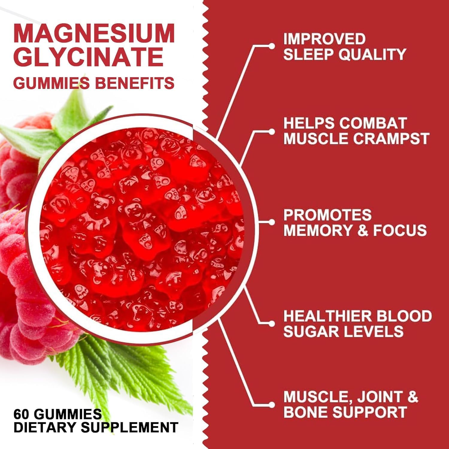 VitalOrganic Magnesium Glycinate Gummies 500mg - Sugar Free Chelated Magnesium Potassium Supplement with Vitamin D, B6, CoQ10 for Relaxation, Calm Mood & Sleep Support - 60 Raspberry Gummies