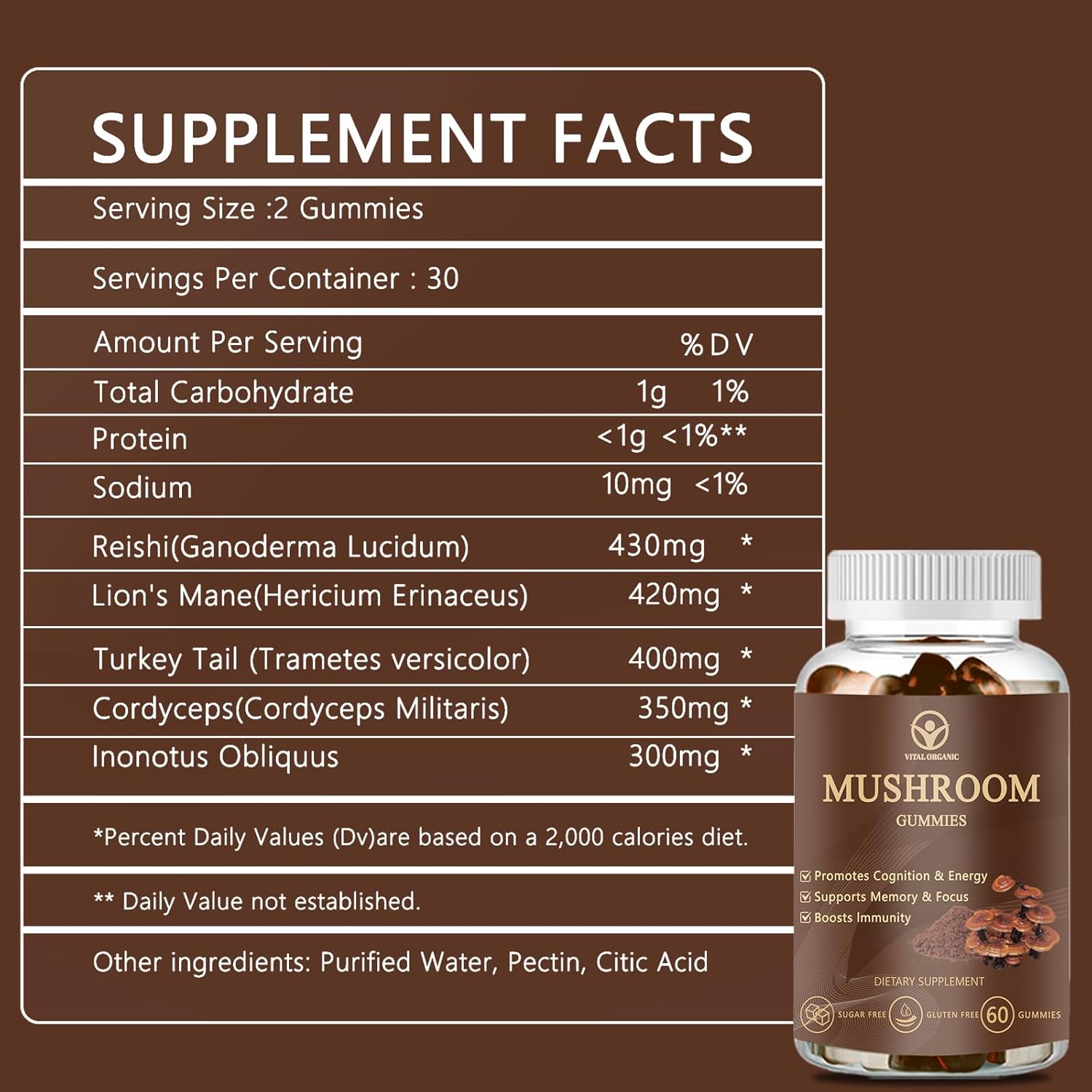 Mushrooms Complex Gummies with Mane Mushroom, Reishi, Cordyceps, Lion's Mane Mushroom Supplement, Nootropic Brain Supplements for Memory and Focus-60 Gummies