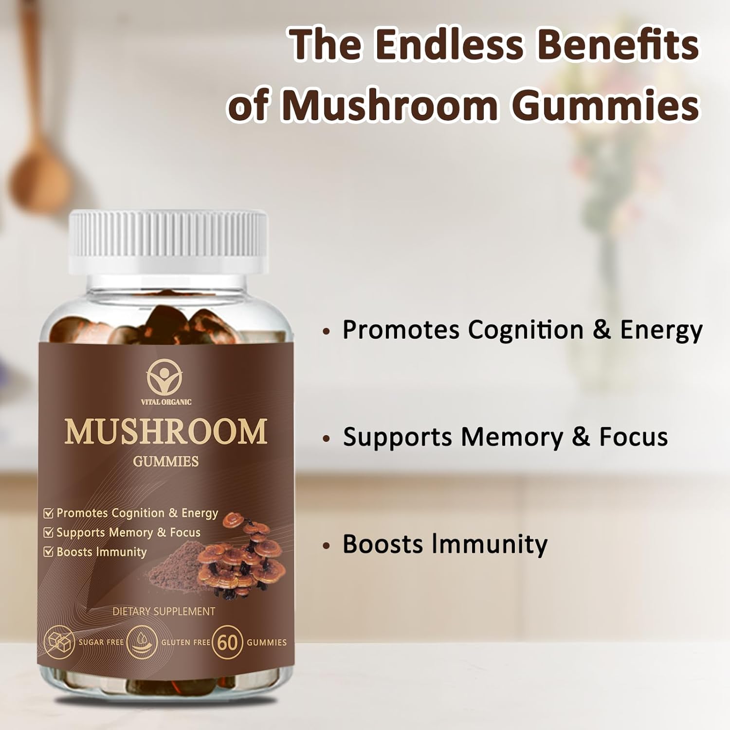 Mushrooms Complex Gummies with Mane Mushroom, Reishi, Cordyceps, Lion's Mane Mushroom Supplement, Nootropic Brain Supplements for Memory and Focus-60 Gummies